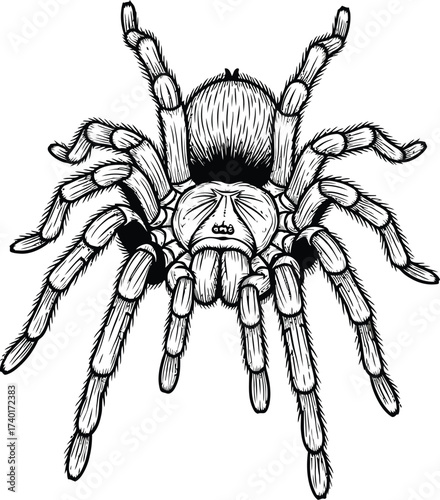 Detailed line art illustration of a tarantula spider