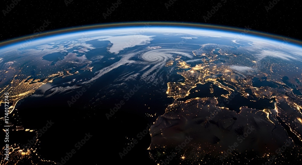 Obraz premium Earth view from space showing EuropeAfrica a hurricane city lights and atmospheric curvature