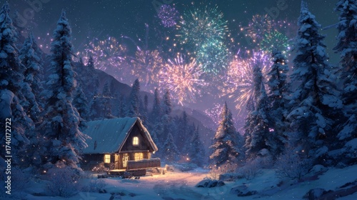 A cozy wooden cabin surrounded by snow-covered trees stands under a vibrant night sky filled with colorful fireworks. The tranquil scene captures the warmth of a winter celebration