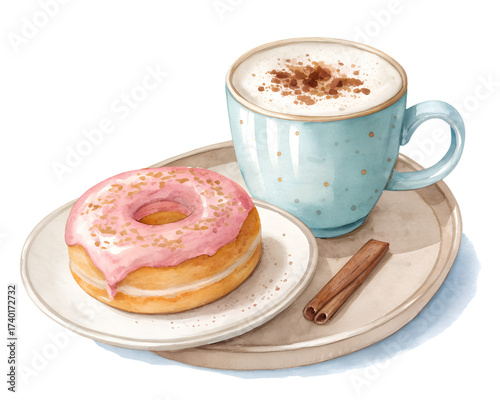 cup of coffee with cream and croissant