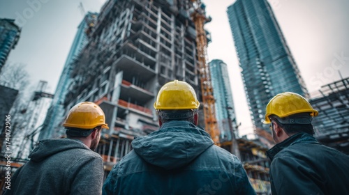 Construction Workers Wearing Helmets at High-Rise Building Site.