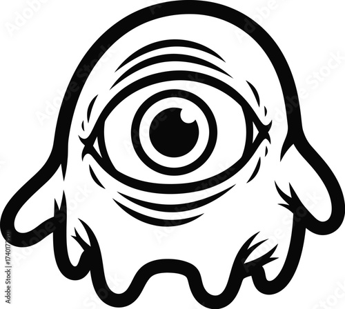 Cartoon cyclops monster with one eye in black and white