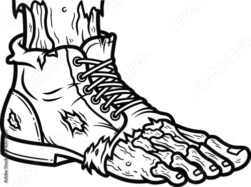 Cartoon zombie foot wearing a torn boot black and white