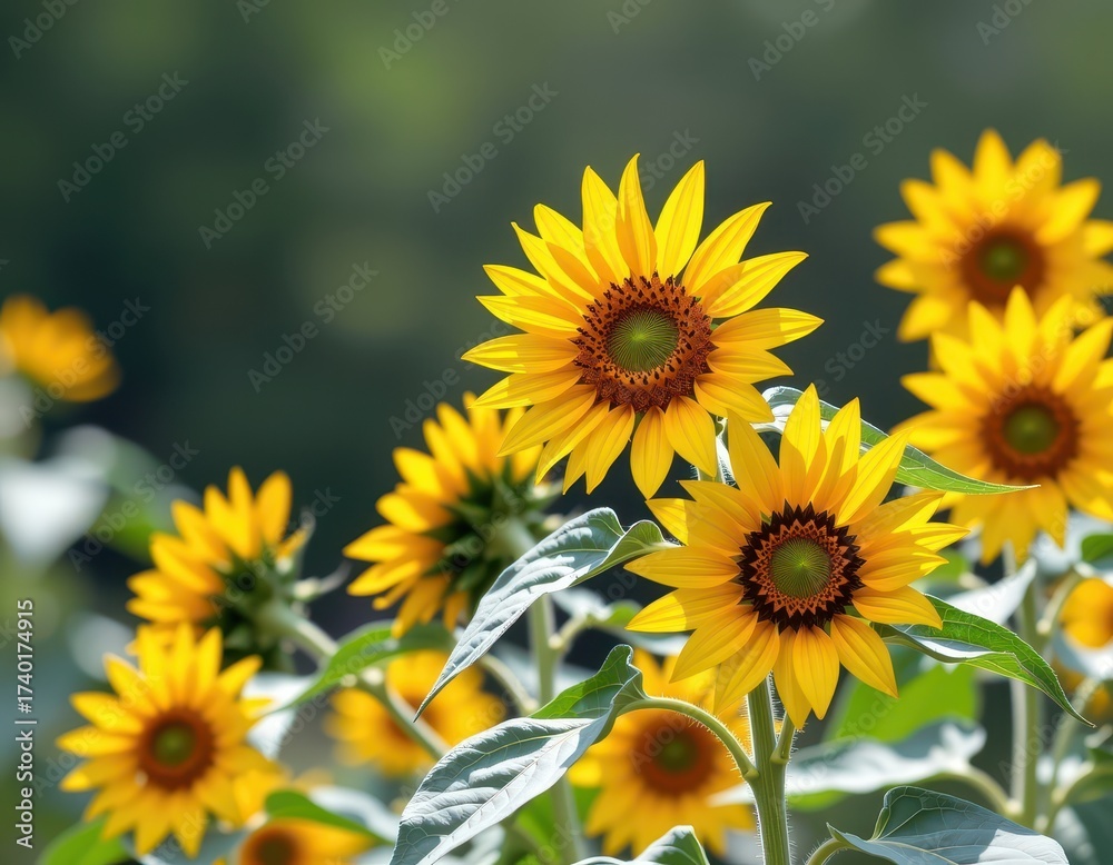 Fototapeta premium Vibrant yellow wild sunflowers in full bloom against a blurred natural background. Perfect for summer, nature, and floral designs, sunlight, botany