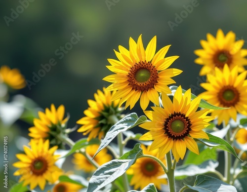 Vibrant yellow wild sunflowers in full bloom against a blurred natural background. Perfect for summer, nature, and floral designs, sunlight, botany