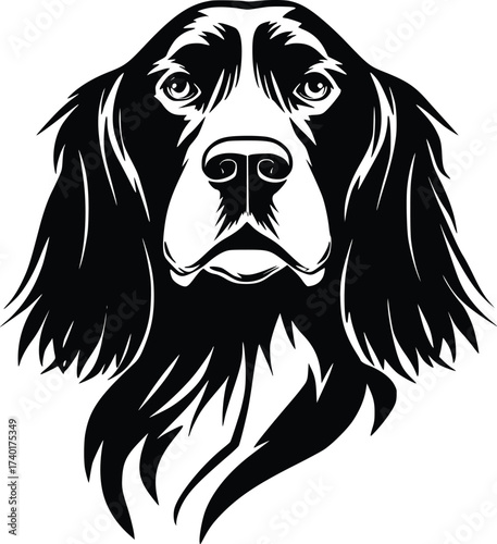Gordon Setter head silhouette with long ears, flowing coat, and focused gaze in black vector