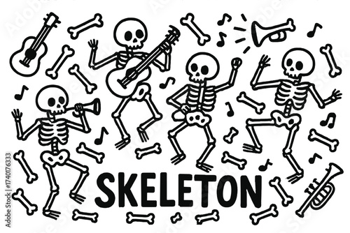 Skeleton Doodle Dance. Doodle skeleton dance with guitars, bones, and trumpets, center word “Skeleton” in black and white isolated