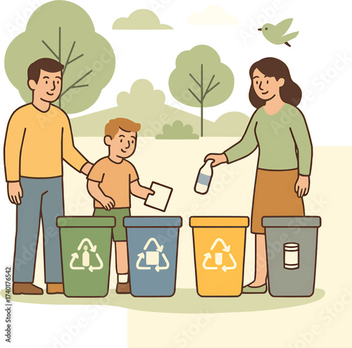 Happy Family Recycling Waste in Park for Environmental Care