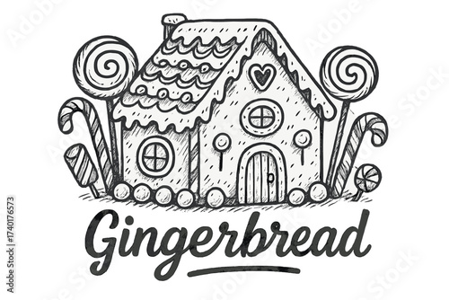 Gingerbread House Delight. Hand-drawn gingerbread house with candy, icing, and lollipops, center word “Gingerbread” in black and