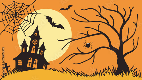 Spooky halloween night scene with silhouetted bats and a full moon featuring festive orange and black colors