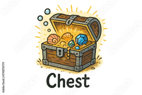 Glowing Treasure Chest. Hand-drawn glowing chest with bubbles, shells, and gems, center word “Chest” in black and white isolated