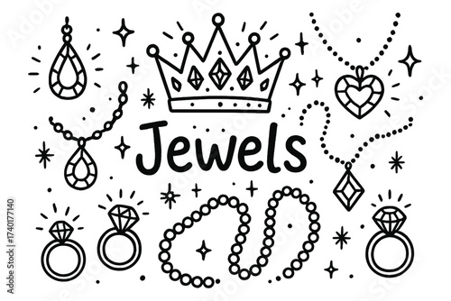 Magical Crown Jewels. Doodle magical crown jewels with rings, necklaces, and pearls, center word “Jewels” in black and white