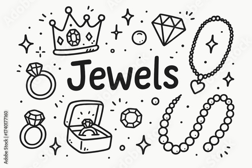 Magical Crown Jewels. Doodle magical crown jewels with rings, necklaces, and pearls, center word “Jewels” in black and white