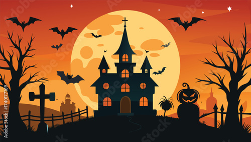 Spooky halloween night scene with haunted house and full moon featuring silhouetted bats and creepy trees