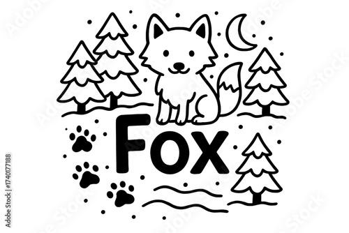 Doodle Arctic Fox. Doodle arctic fox with snowy trees, paw prints, and moon, center word “Fox” in black and white isolated