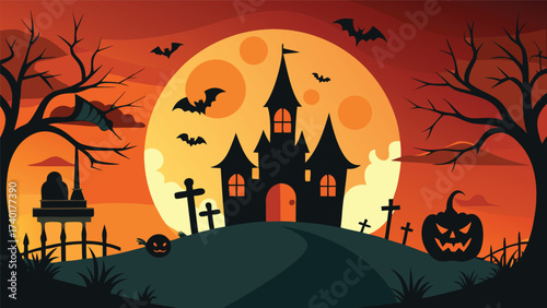 Spooky halloween illustration featuring classic holiday elements with vibrant colors and bold typography suitable for festive designs
