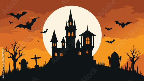 Spooky halloween night scene with a haunted house and eerie atmosphere featuring classic horror elements