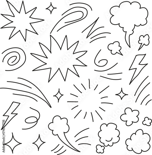 Hand Drawn Doodle Explosion Smoke Lightning Vector Icon Set