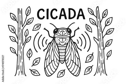 Cicada Song Doodle. Doodle cicada song with trees, leaves, and sound waves, center word “Cicada” in black and white isolated