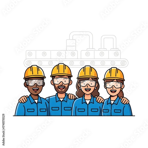 Workers teamwork shows unity and safety in industry