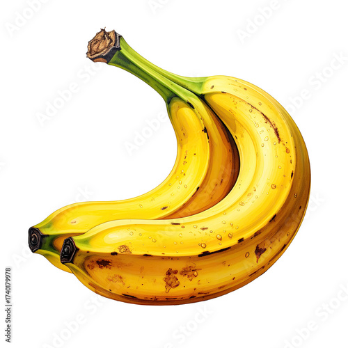 Two bananas, yellow with spots, green stems, curved
