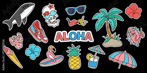 Collection of fun and colorful tropical vacation themed stickers with aloha text