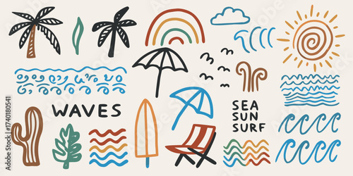 Vibrant hand drawn beach elements collection featuring palm trees sun waves cactus and surfboard