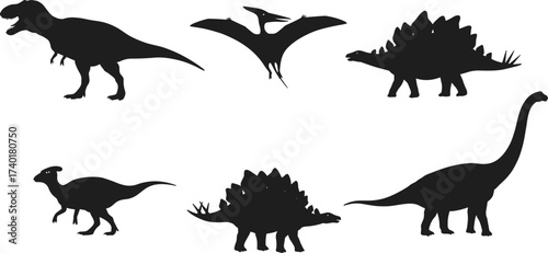 Collection of dinosaur silhouettes vector illustration set, prehistoric animal shapes including T-rex, pterodactyl, stegosaurus, brontosaurus, 