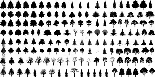 Collection of diverse tree silhouettes in various shapes and sizes on a white background