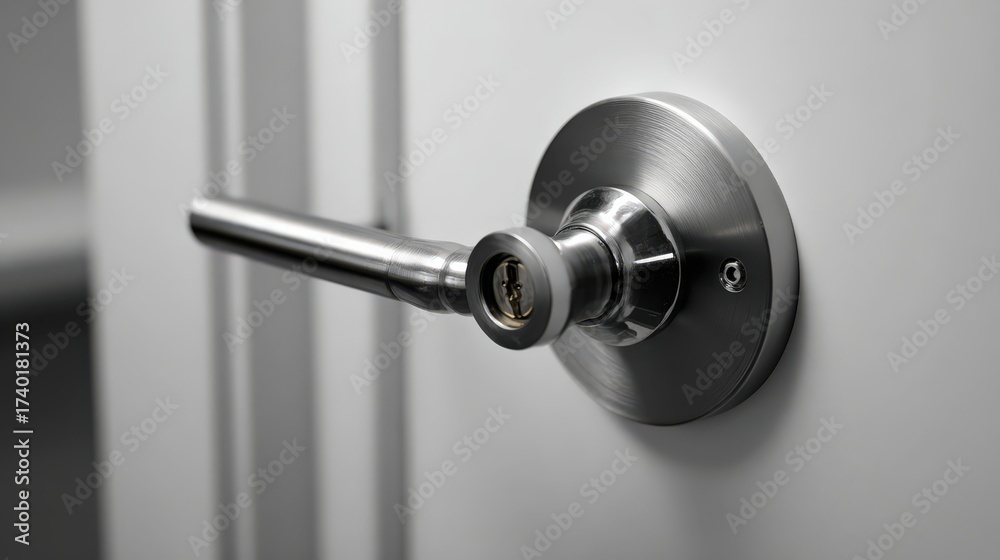 Fototapeta premium Close up view of a modern door handle with keyhole featuring sleek metallic design