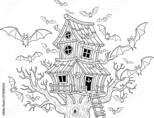 Spooky treehouse with bats for halloween coloring activity