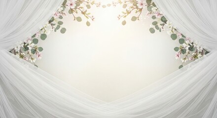 Elegant white drapery framing floral border of pink and white blossoms with eucalyptus leaves on soft beige background. Concept: wedding decor, invitation, romantic design