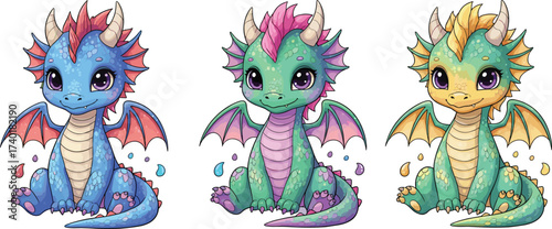 Cute Baby Dragon Trio Vector Illustration with Colorful Cartoon Style, Fantasy Creatures, Whimsical Expressions, Perfect for Kids, Games, and Storybooks