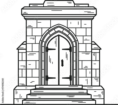 Line drawing of a stone mausoleum with arched doorway