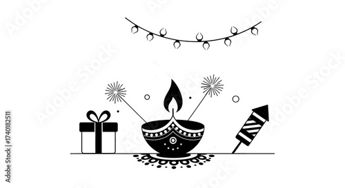 Celebrate the Festival of Lights with this Diwali design featuring a traditional oil lamp, festive lights, gift box, and firecrackers offering a joyous cultural expression