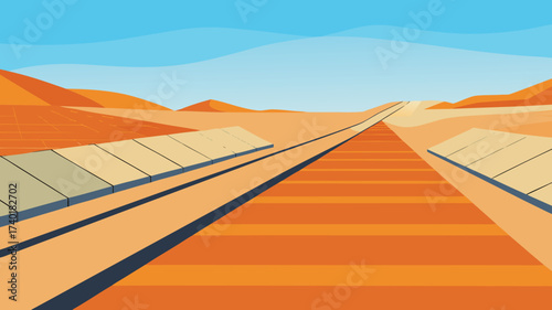 Desert landscape with railway tracks extending toward the horizon  