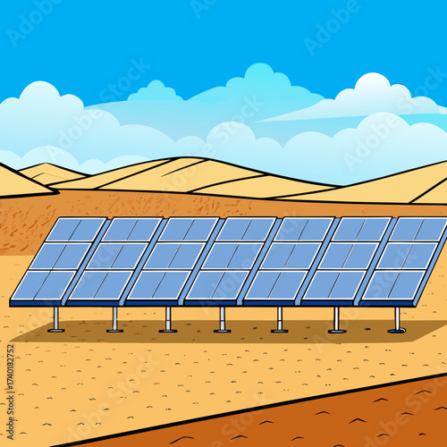 Solar panels arranged in a desert landscape under a blue sky  