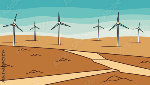 Wind turbines on dry eroded field under blue sky with clouds  