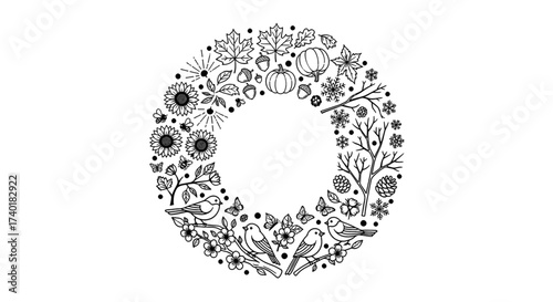Delightful seasonal wreath design featuring sunflowers, pumpkins, snowflakes, and birds, a charming nature-inspired element perfect for fall, winter, or any time of year, adding a touch of whimsical a