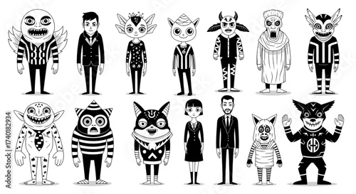 Whimsical characters for Halloween celebrations or creative projects, diverse set of quirky creatures and figures, perfect for storytelling, animation, or stylized design elements, scalable vector del
