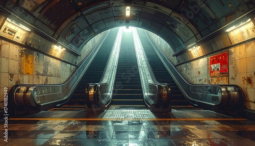 Fototapeta Naklejka Na Ścianę i Meble -  An atmospheric view of a weathered subway station with illuminated escalators