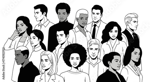 Diverse group of professional people standing together, showcasing unity and collaboration in a modern workplace, symbolizing inclusivity and teamwork, ideal for business and corporate content