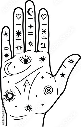 Mystical palmistry hand with celestial symbols and fortune