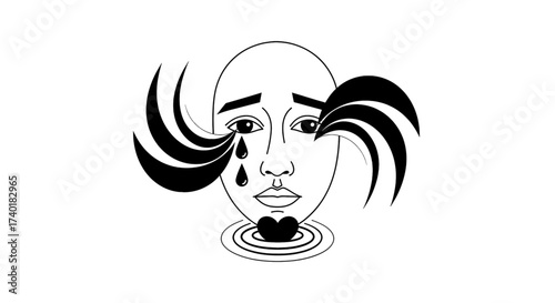 Expressive stylized face with flowing dark elements and a single tear evokes profound sadness and emotional vulnerability, perfect for artistic projects and symbolic narratives.