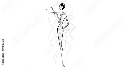 Elegant flapper woman smoking cigarette holder with a chic bob haircut and stylish vintage dress exuding sophistication and glamour of the roaring twenties era