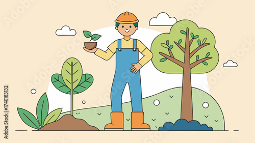 Gardener holding a plant while standing among trees in nature  