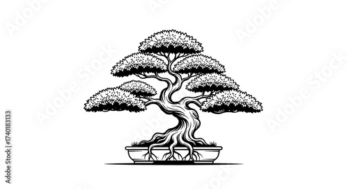 Majestic ancient bonsai tree artfully sculpted in a pot, embodying tranquility, nature's beauty, and timeless elegance for serene decor and mindful living.