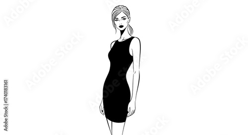 Elegant woman in a sleek black dress embodies modern sophistication and timeless style, perfect for fashion campaigns and editorial features.