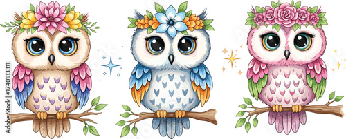 Cute cartoon owls sitting on branches with colorful flower crowns, big expressive eyes, adorable woodland animal illustration perfect for kids designs, stickers, and decorations.