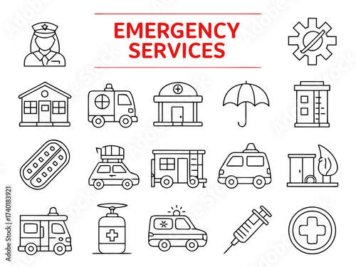 Minimal line icons for emergency services and safety situations